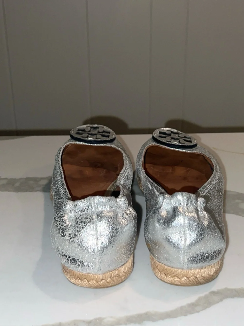 TORY BURCH Silver Metallic Espadrille Ballet Flats
